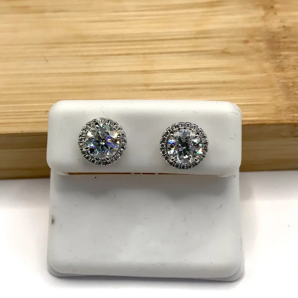 925 Sterling Silver 3.00CT MOISSANITE Halo Stud Earrings Screw Back